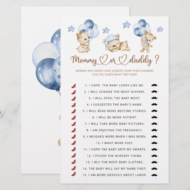 Mommy or daddy baby shower game (Front/Back)