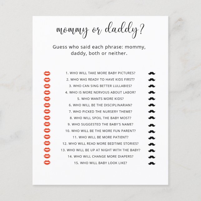 mommy or daddy baby shower game (Front)