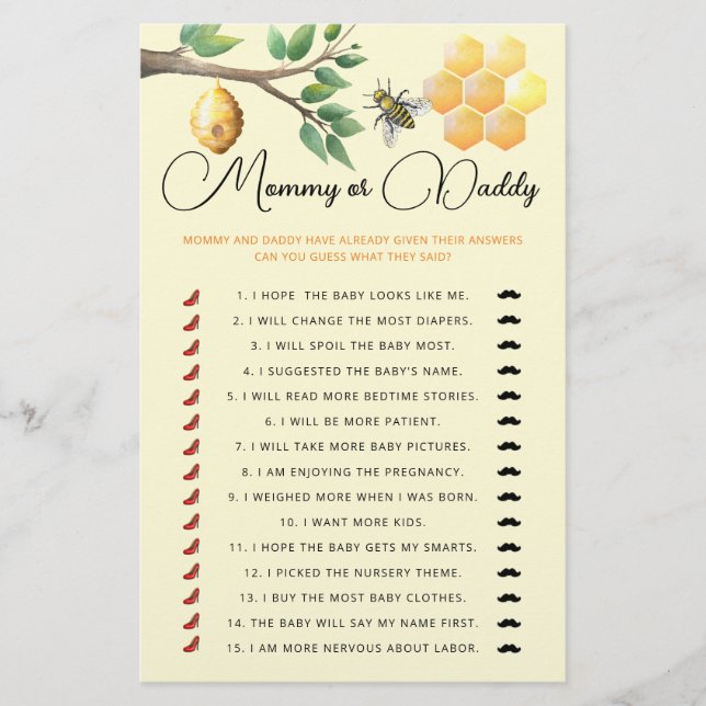 Mommy or daddy baby shower game (Front)