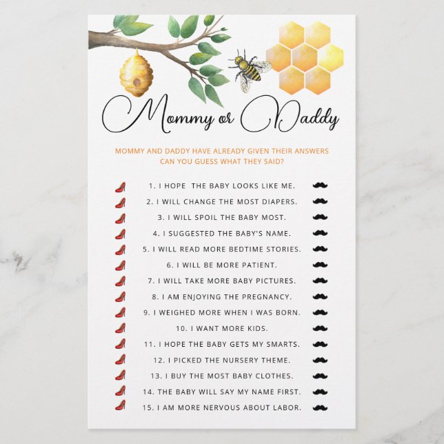 Mommy or daddy baby shower game (Front)