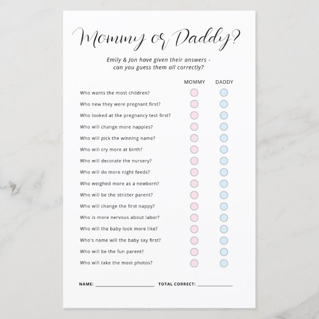Mommy or Daddy Baby Shower Game (Front)
