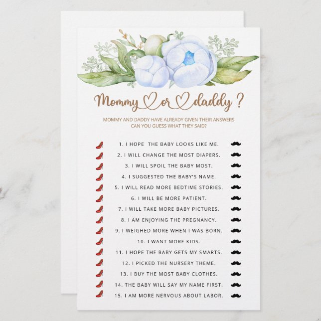 Mommy or daddy baby shower game (Front/Back)