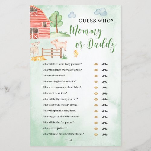 Mommy or Daddy Baby Shower game farm animals