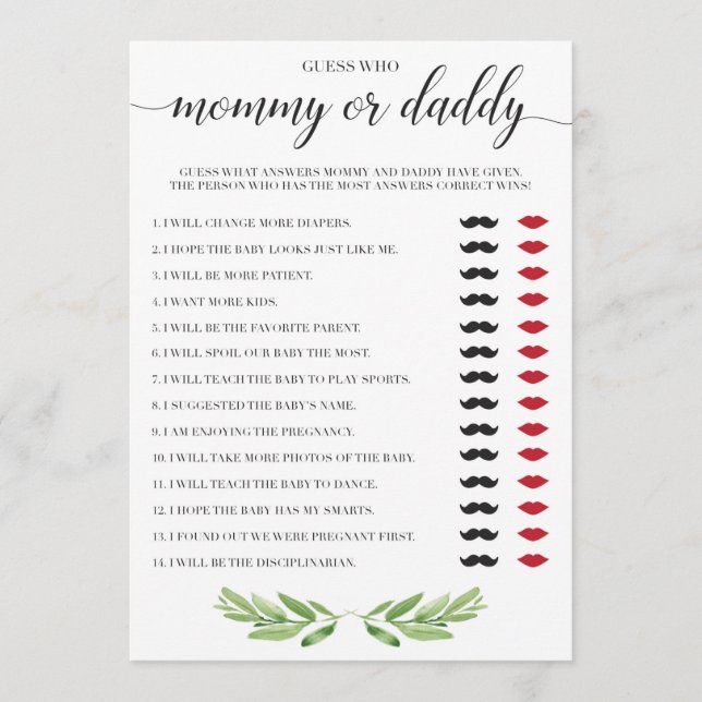 Mommy or Daddy Baby Shower Game Greenery Theme (Front)