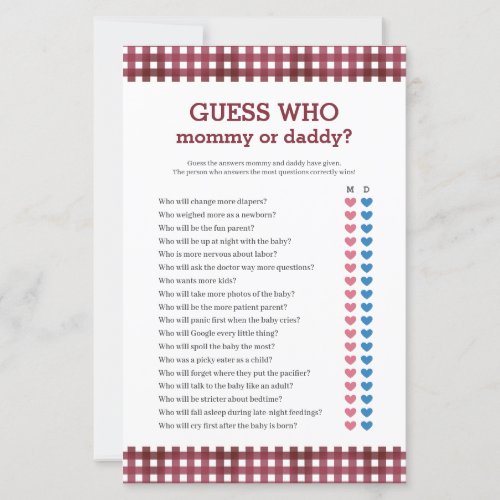 Mommy or Daddy Baby Shower Game Paper Sheet