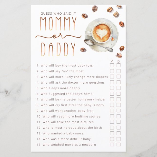Mommy or Daddy Baby Shower Game Sheet (Front)