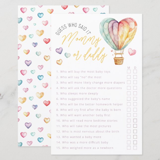 Mommy or Daddy Baby Shower Game Sheet (Front/Back)