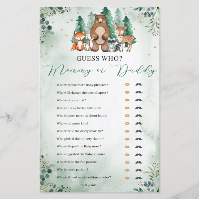 Mommy or Daddy Baby Shower Game woodland (Front)