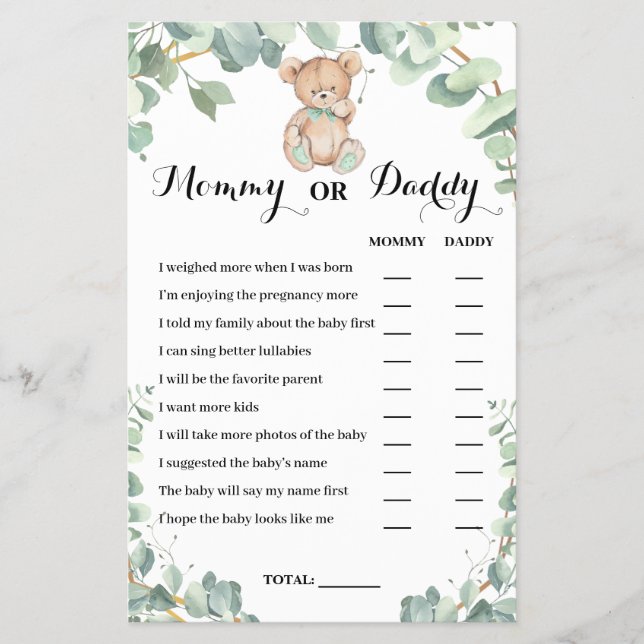 Mommy or Daddy Bear Greenery Baby Shower Game Card Flyer (Front)