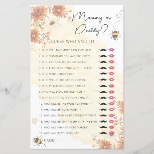 Mommy or Daddy Bee Honey Boho Baby Shower Game