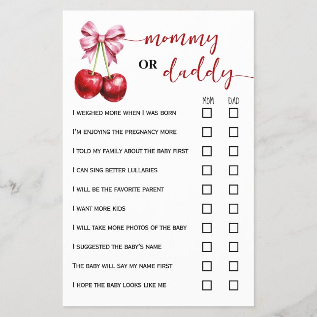 Mommy or Daddy Cherry Baby Shower Game Card Flyer (Front)