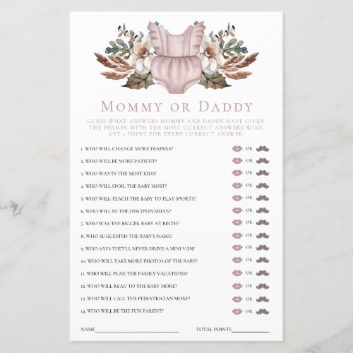 Mommy or Daddy Cute Boho Clothes Baby Shower Game