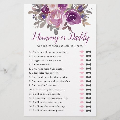 Mommy or Daddy Dusty Mauve Purple Baby Shower Game