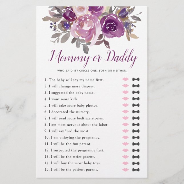 Mommy or Daddy Dusty Mauve Purple Baby Shower Game (Front)