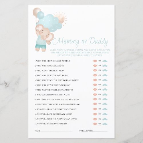 Mommy or Daddy Elephant Boy Baby Shower Game