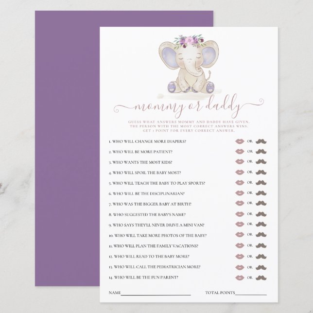 Mommy or Daddy Elephant Girl Baby Shower Game (Front/Back)