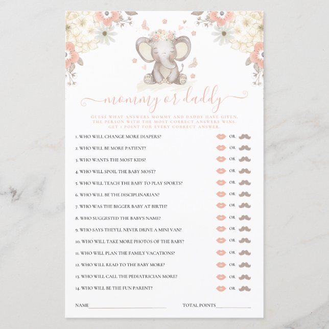 Mommy or Daddy Elephant Girl Baby Shower Game (Front)