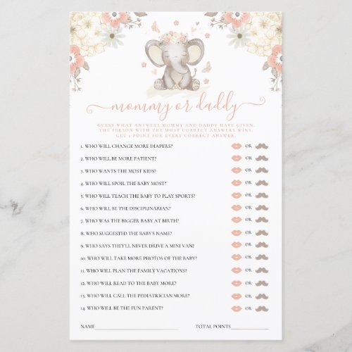 Mommy or Daddy Elephant Girl Baby Shower Game