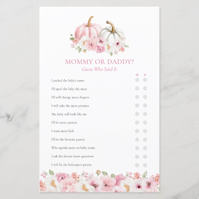 Mommy or Daddy Fall Girl Baby Shower Game (Front)