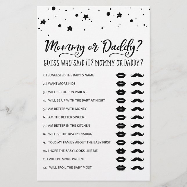 Mommy or Daddy Game Baby Shower Party game (Front)