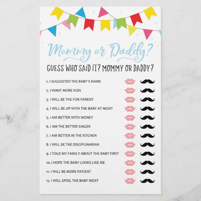 Mommy or Daddy Game Baby Shower Party game (Front)