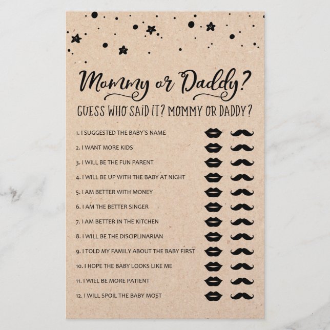 Mommy or Daddy Game Baby Shower Party game (Front)