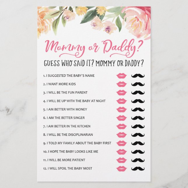 Mommy or Daddy Game Baby Shower Party game (Front)