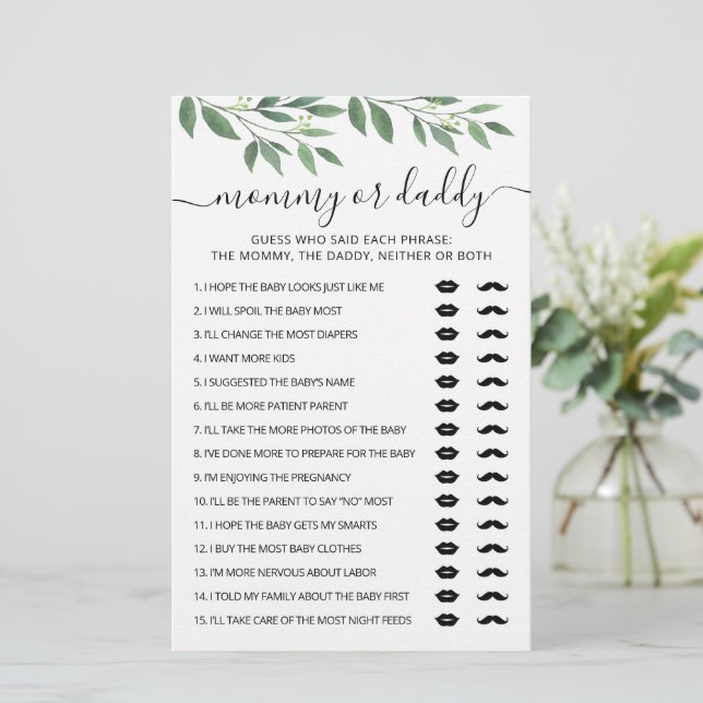 Mommy or Daddy game Baby Shower party Game card (Standing Front)