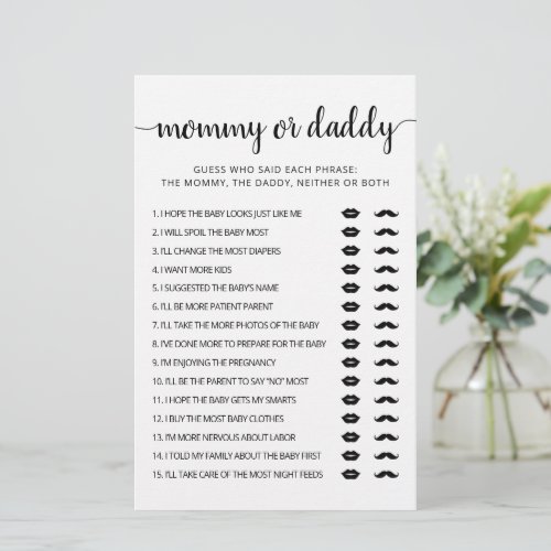 Mommy or Daddy game Baby Shower party Game card