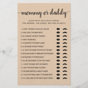 Mommy or Daddy game Baby Shower party Game card
