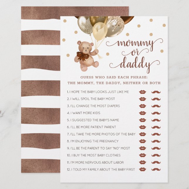 Mommy or Daddy Game Baby Shower Teddy Bear  (Front/Back)