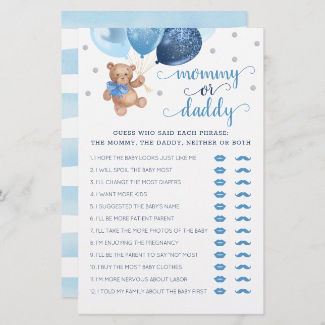 Mommy or Daddy Game Baby Shower Teddy Bear  (Front/Back)