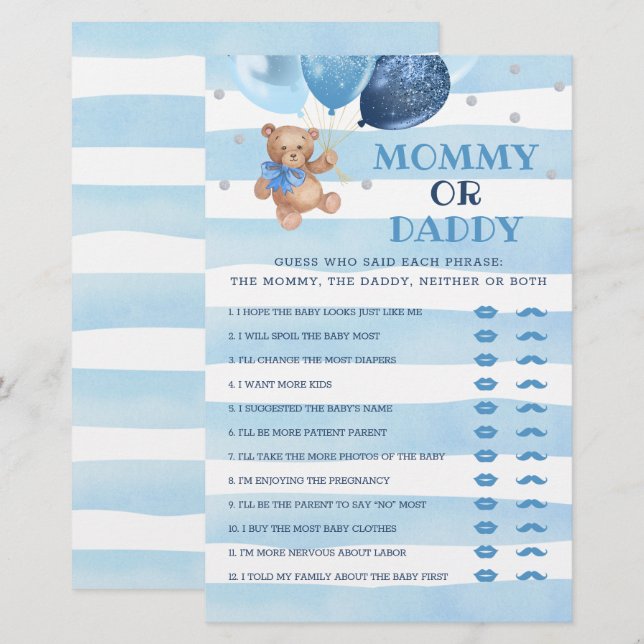 Mommy or Daddy Game Baby Shower Teddy Bear  (Front/Back)