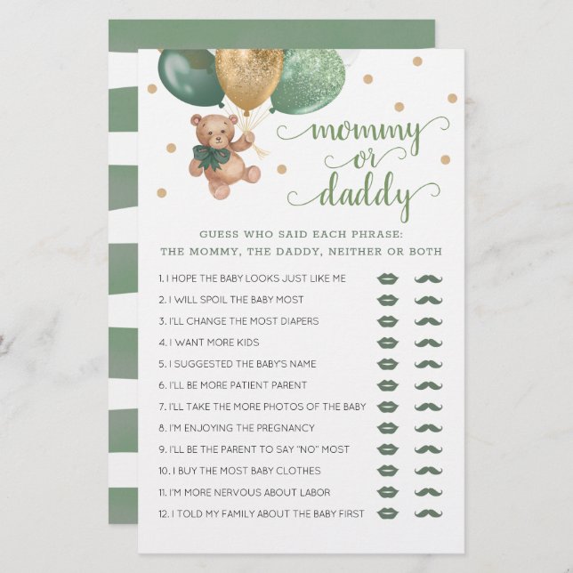Mommy or Daddy Game Baby Shower Teddy Bear  (Front/Back)
