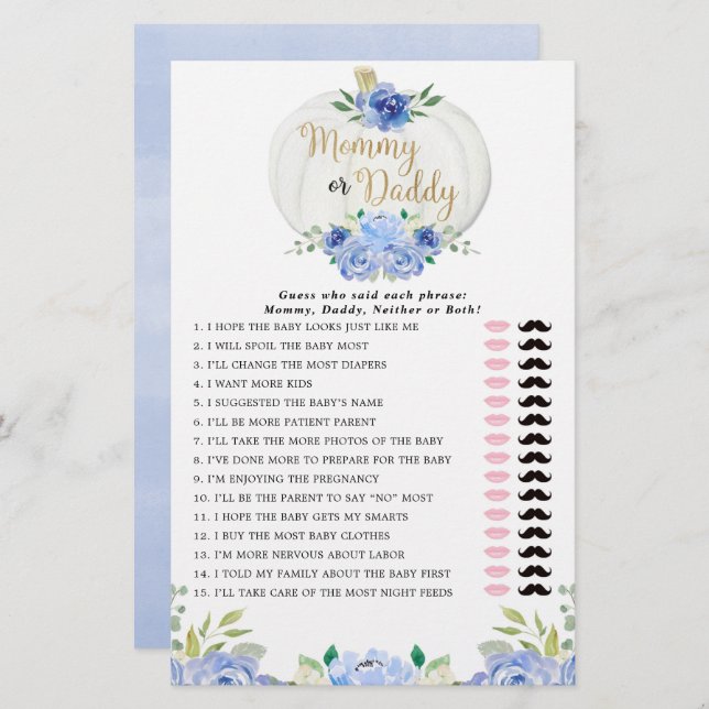 Mommy or Daddy game blue greenery fall pumpkins (Front/Back)