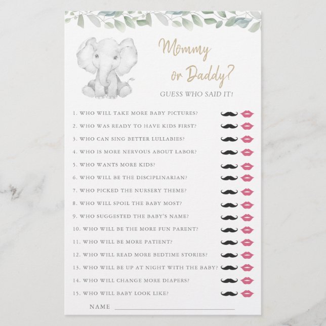 Mommy or Daddy Game Elephant Greenery Baby Shower (Front)