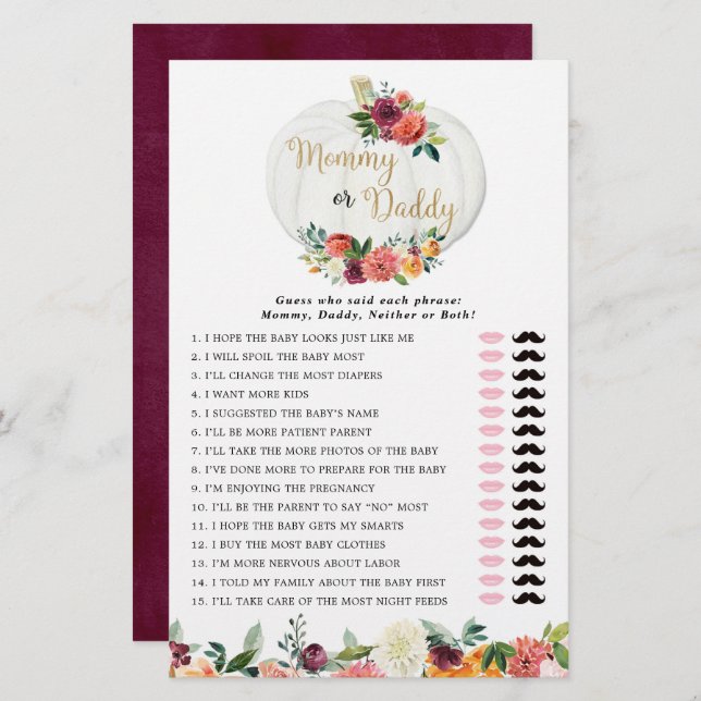 Mommy or Daddy game fall floral pumpkins (Front/Back)