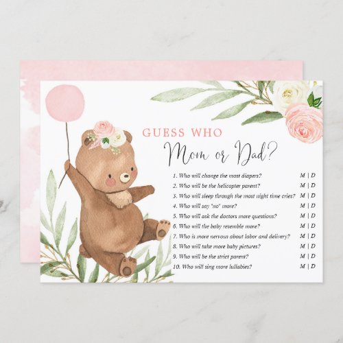 Mommy or Daddy game pink floral teddy bear Invitation