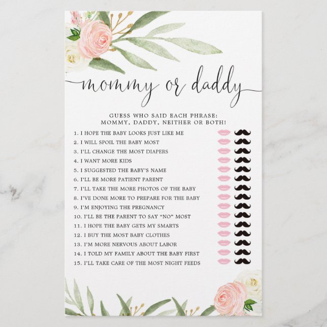 Mommy or Daddy game pink gold greenery baby girl (Front)