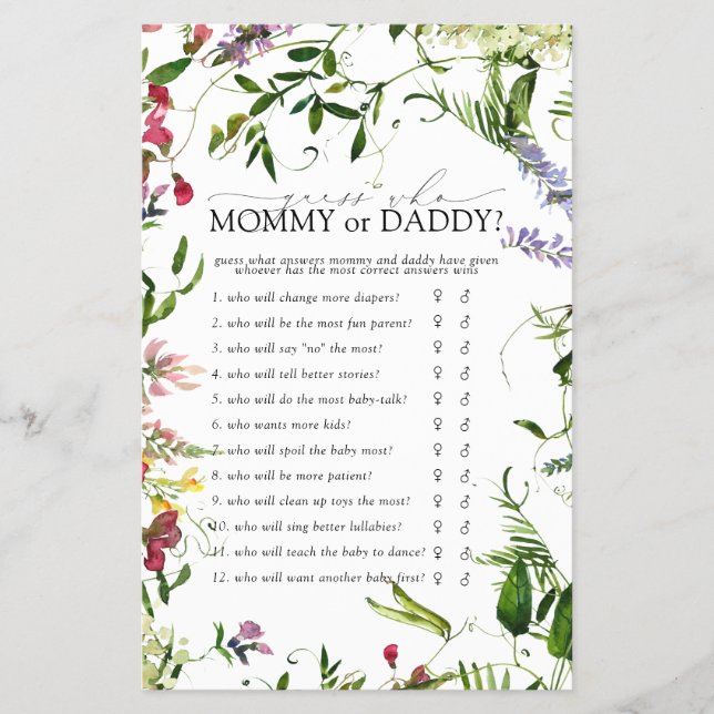 Mommy or Daddy Game Summer Wildflower Shower Flyer (Front)