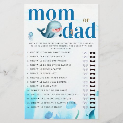Mommy or Daddy Guess Baby Shower Game Cute Whale Flyer