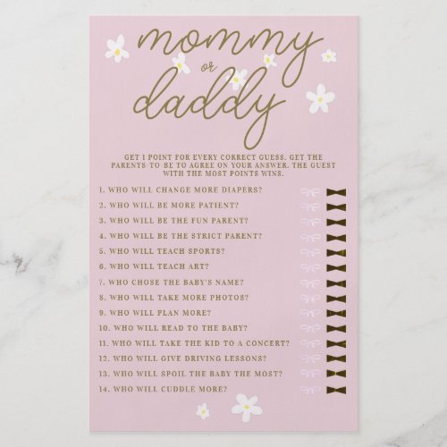 Mommy or Daddy Guess Baby Shower Game Daisies Pink Flyer