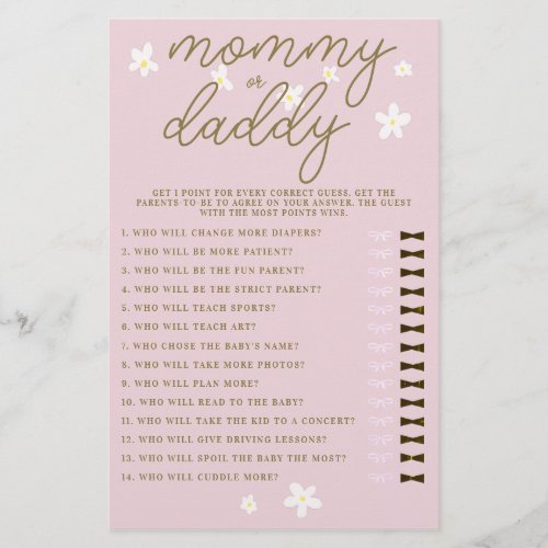 Mommy or Daddy Guess Baby Shower Game Daisies Pink Flyer