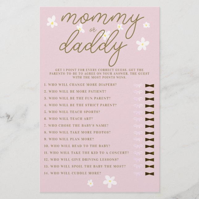 Mommy or Daddy Guess Baby Shower Game Daisies Pink Flyer (Front)