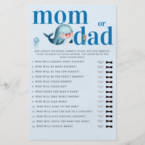 Mommy or Daddy Guess Baby Shower Game Funny Whale Flyer