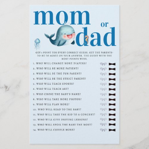 Mommy or Daddy Guess Baby Shower Game Funny Whale Flyer