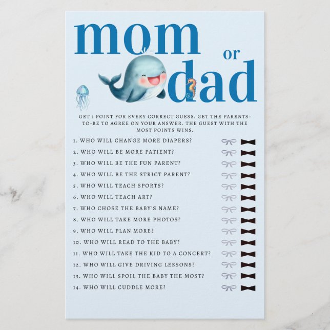 Mommy or Daddy Guess Baby Shower Game Funny Whale Flyer (Front)