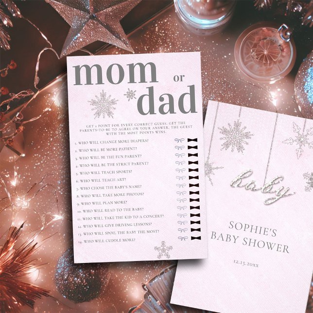 Mommy or Daddy Guess Baby Shower Game Pink Winter Flyer (mom or dad baby shower game pink christmas winter girl invitation rhinestones glitter snowflakes)