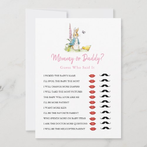 Mommy or Daddy Peter Rabbit Girl Baby Shower Game Invitation