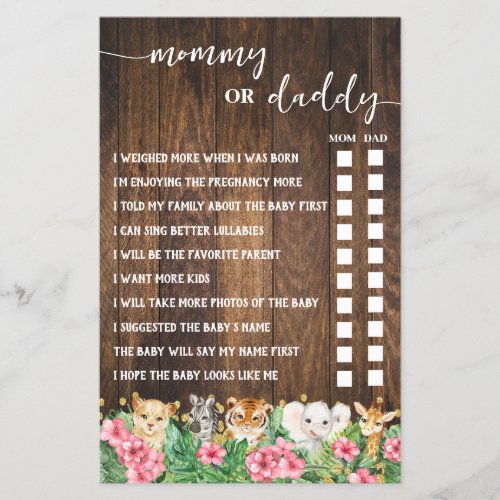 Mommy or Daddy Pink Safari Baby Shower Game Card